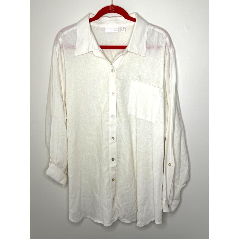 Susan Graver Pure Blend Button Front Linen Top White Size 2XP 2X Petite